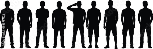 Silhouettes of nine individuals standing in casual attire, highlighting diverse postures, body language, and subtle differences in clothing style