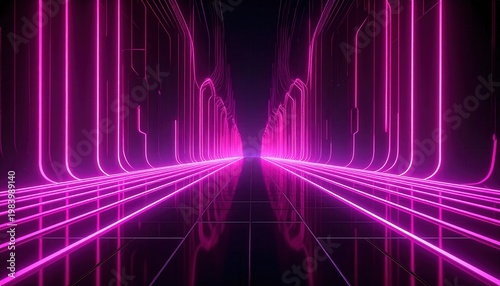 未来的なサイバーパンクのトンネルの背景。ピンク色のネオンライトが輝くデジタル空間で、光り輝くラインが奥行きのある通路を作り出し、ハイテクな回路パターンの壁と反射する床が特徴的な、テクノロジーとスピード感を感じさせる高品質な3Dレンダリング画像。