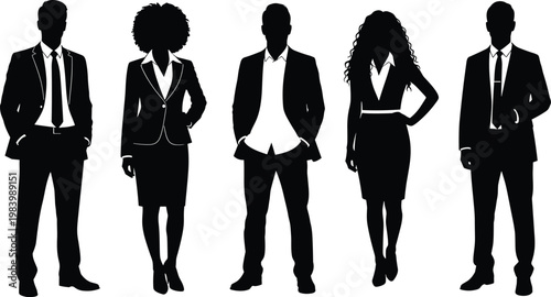 Silhouettes of professional business people standing in a row, men in suits and women in skirts, corporate diversity illustration