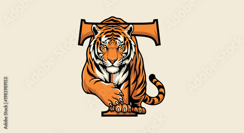 A fierce tiger with orange and black stripes is depicted in a stylized illustration, blending with the letter 'T' to form a unique logo.