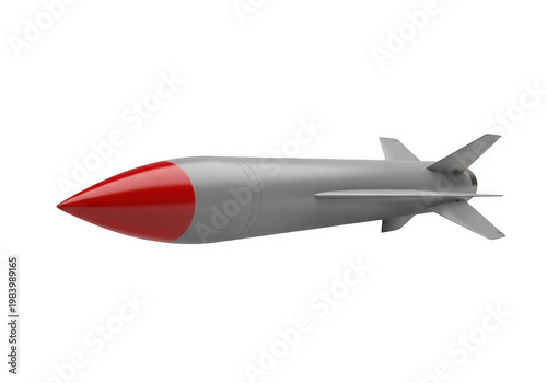 Streamlined missile with red tip and aerodynamic fins for high-speed flight