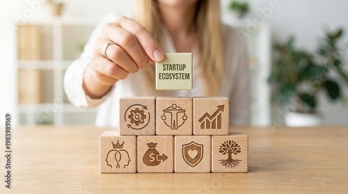Startup ecosystem, business growth, entrepreneurship, innovation, investment, leadership, strategy concept with professional placing blocks for corporate success and development.