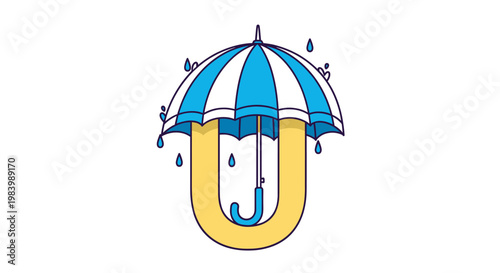 A stylized yellow letter U is protected from rain by a blue and white striped umbrella.