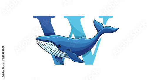 A majestic blue whale gracefully swims in front of a stylized light blue letter W, symbolizing the ocean and marine life.