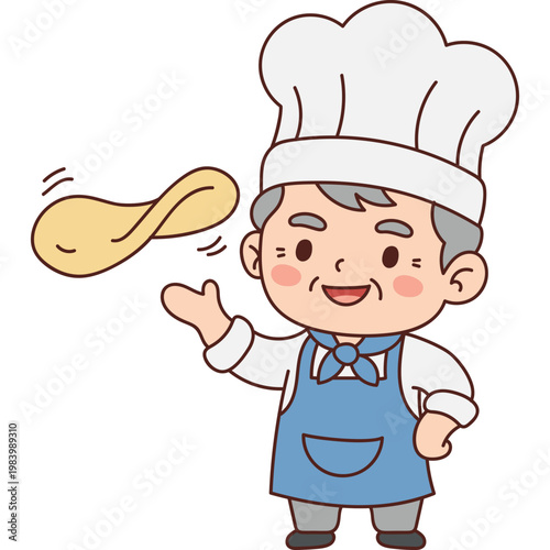 Cute Cartoon Chef Tossing Pizza Dough