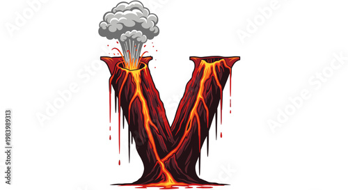 A stylized letter V shaped like an erupting volcano, with molten lava flowing down its sides and smoke billowing from the top.