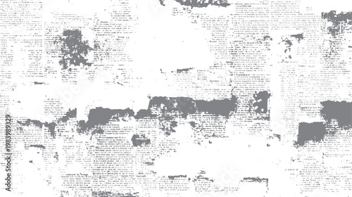 Distressed grey grunge overlay texture of faded newspaper text and ink splatters on white background