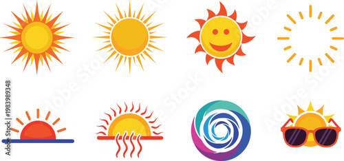Sun icons vector set with different styles smiling summer sunshine heat rays weather symbols collection design