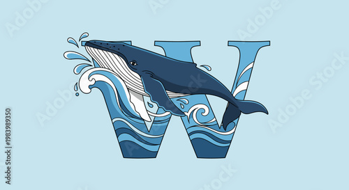 A majestic blue whale breaches through stylized ocean waves forming the letter W against a light blue background.