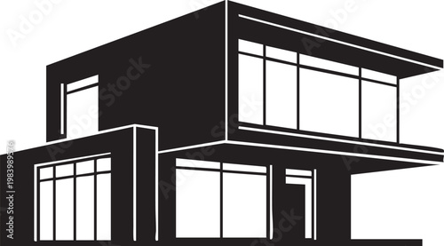 Vector illustration of a black and white sketch featuring a 3d house construction with a metal frame and glass windows for a modern city building design