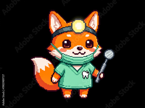 Fox Dentist Character with Dental Mirror Pixel Art Illustration