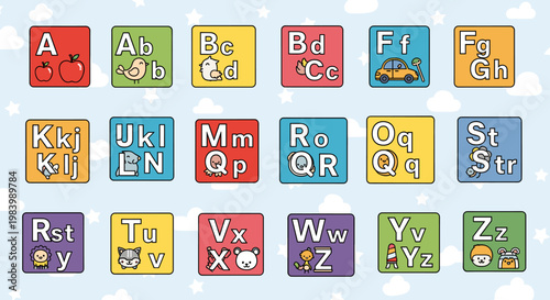 Educational alphabet chart for children featuring uppercase and lowercase letters with corresponding illustrations.