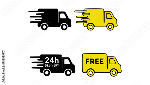 Modern flat delivery truck icons with fast shipping concept in black and yellow style.
