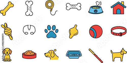 Pet Care and Dog Accessories Vector Set Featuring Bone Paw Bowl Collar Toy and Kennel Icons