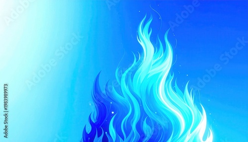 鮮やかな青色のグラデーションで描かれた抽象的な炎のイラストレーション。冷たい火やガスの燃焼をイメージさせるスタイリッシュなデザインで、エネルギーやパワー、スピリチュアルな情熱を表現した高品質なデジタル背景素材です。