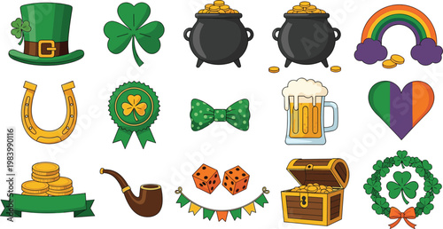 St Patricks Day Symbols Vector Set Featuring Clover Leprechaun Hat Pot of Gold Rainbow and Lucky Icons