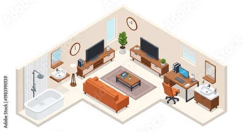 Isometric illustration of a modern apartment interior design with living room and bathroom.