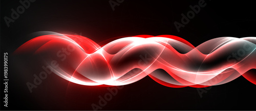 Abstract red waves flow across black background. Smooth curves create dynamic, glowing visual effect. Modern design element.