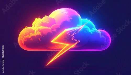 鮮やかなピンクと青のネオンカラーで描かれた幻想的な雲と稲妻のイラスト。サイバーパンクやシンセウェーブのスタイルを取り入れ、暗い背景の中で光り輝く雷雲のアイコンがデザインされた、デジタルアートの抽象的な背景素材です。