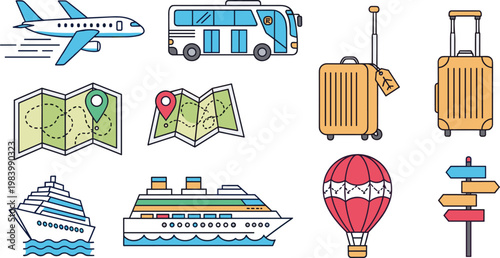 Travel and tourism icons set airplane bus cruise map luggage hot air balloon flat vector illustration