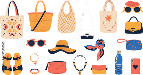 Summer Fashion Accessories Vector Set Featuring Tote Bags Sunglasses Sandals Hat Scarf and Jewelry