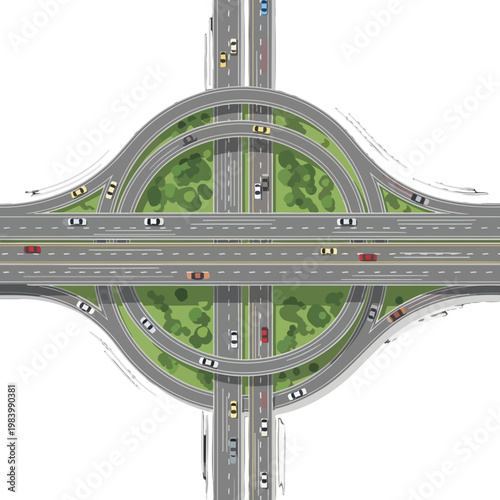 Aerial view of a complex highway interchange with vehicles