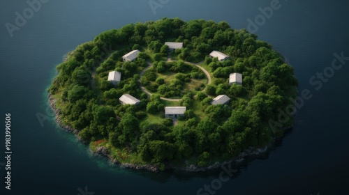 Aerial view of a small, circular island with lush green trees and seven white-roofed buildings arranged in a radial pattern.