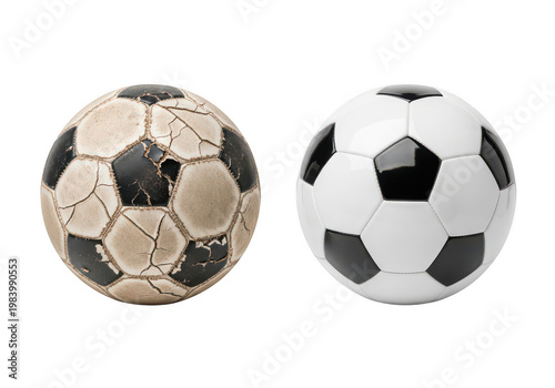 Two soccer balls with contrasting black and white patterns side by side