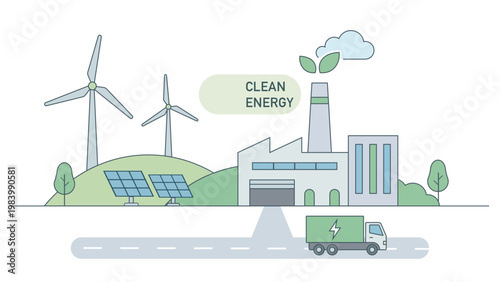 Clean energy industrial site with solar panels wind turbines and electric delivery truck showing sustainable power production and eco friendly transport system