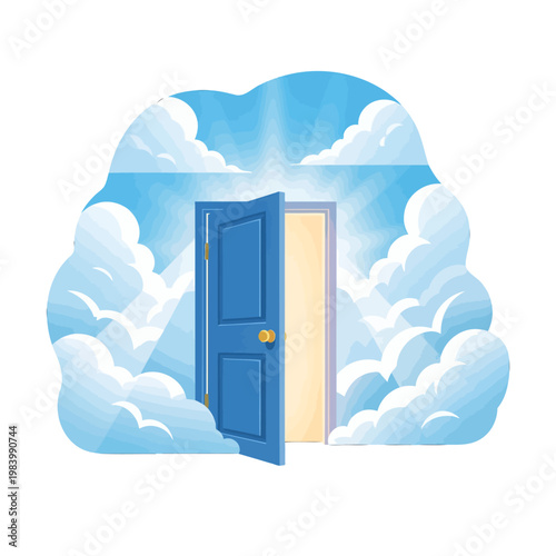 An open door reveals a bright sky with clouds and light