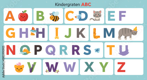Colorful ABC alphabet chart for kindergarten with illustrations of animals and objects for each letter, designed for early childhood education.