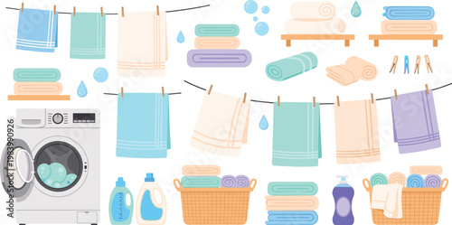 


Laundry Day Element Set with Washing Machine, Hanging Towels, Baskets, Detergent Bottles, and Clothespins for Home and Cleaning Designs