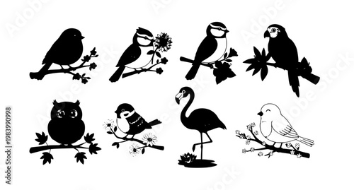 Cute cartoon birds vector set with flowers and branches childish style birdie collection isolated on white