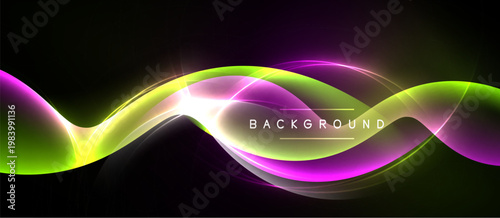 Abstract neon waves, vibrant colors, dark background. Smooth curves create dynamic visual effect. Modern design element.