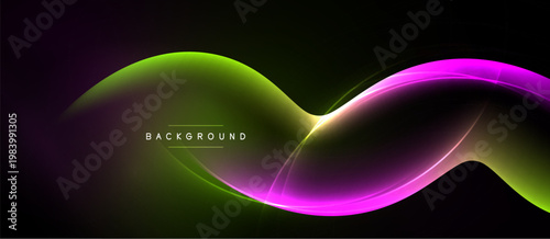 Abstract flowing lines create dynamic visual effect. Bright colors contrast against dark background. Modern design element.