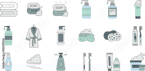

Bathroom Hygiene Icon Set with Soap, Towel, Shampoo, Toothbrush, Sponge, and Personal Care Products for Health and Grooming Designs
