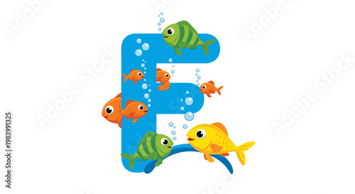 A playful blue letter F adorned with colorful cartoon fish swimming around it, surrounded by bubbles, representing an aquatic theme.