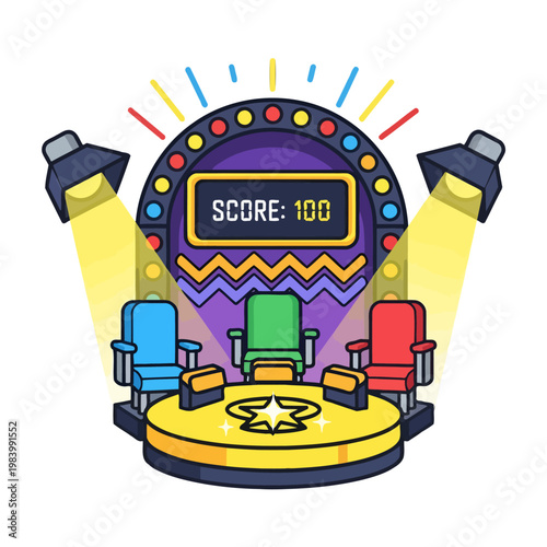 Game show stage with three chairs and a score display