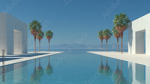 Aesthetic infinity pool with tropical palm trees reflecting on crystal water, futuristic sci-fi three dimensional scene set on dramatic seafront