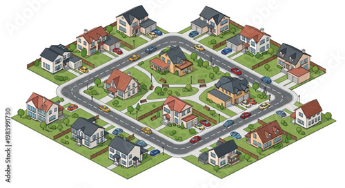 Isometric Neighborhood Houses Residential Community Urban Planning Aerial View.