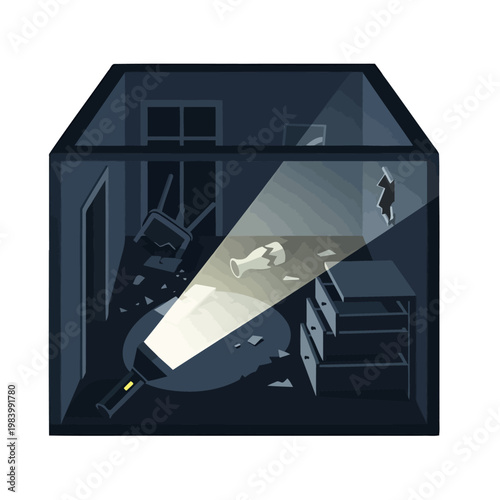Flashlight illuminates a dark room with broken objects and overturned furniture