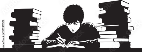 A smiling schoolboy sitting in a library reading a book beside a stack of hand drawn vector illustrations of a man holding a gun