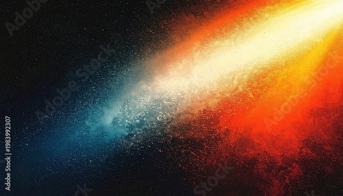 宇宙空間を切り裂くような鮮やかなオレンジとブルーの光の筋が交差する幻想的なアブストラクト背景素材。星屑のような微細な粒子が暗闇に散りばめられ、エネルギーの爆発や銀河の誕生を連想させるダイナミックなデザイン。