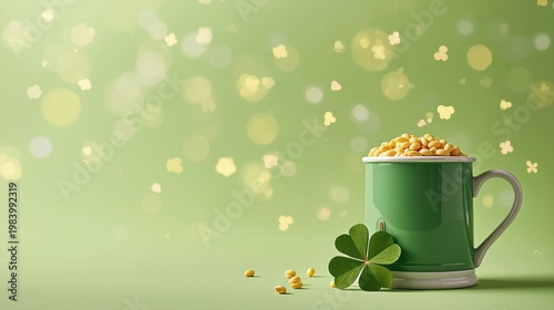 A cozy mug filled with roasted chickpeas and a four-leaf clover on a green backdrop