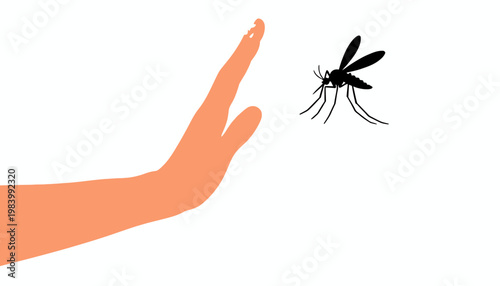 Hand stopping mosquito illustration shows malaria prevention campaign in dynamic flat design