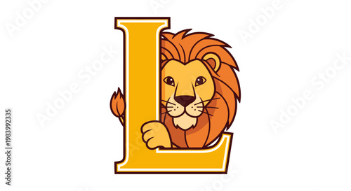 Cute cartoon lion peeking from behind a bold yellow letter L illustration.