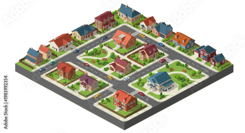 Isometric Neighborhood Houses Street View.