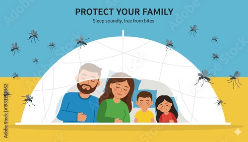 Family under mosquito net illustration shows malaria protection concept in flat design poster
