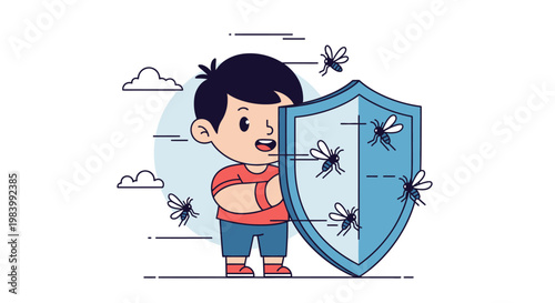 Child protected from mosquito illustration shows malaria prevention concept in flat design poster