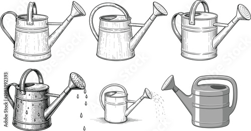 Vintage watering cans set in engraved hand drawn style, garden tools collection with metal containers pouring water vector illustration isolated for gardening design